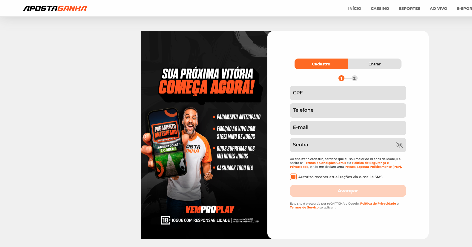 Aposta ganha página de cadastro