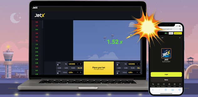 Celular e computador mostrando o jogo Jetx