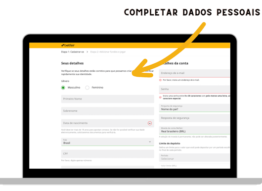 Computador mostrando como se cadastrar na Betfair.
