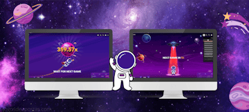 Imagem de dois computadores mostrando o jogo Spaceman com um astronauta no meio