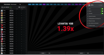 Imagem do jogo Aviator indicando o menu Configuração