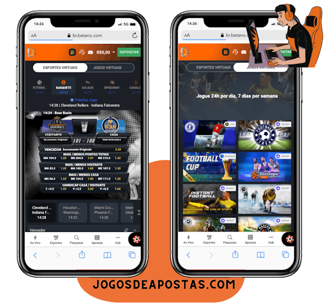 Dois celulares mostrando a página de jogos virtuais da Betano