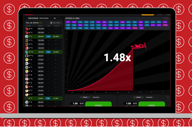 Laptop mostrando como o jogo Aviator funciona em um fundo vermelho.