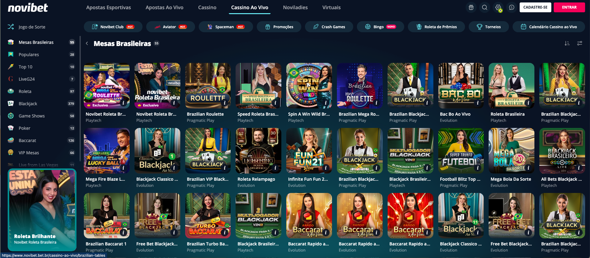 Mesas brasileiras na Novibet