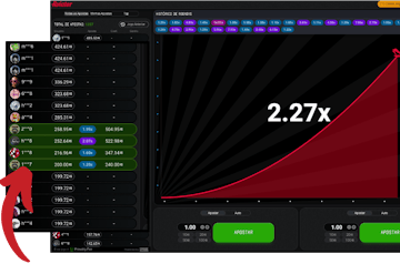 Screenshot do jogo Aviator com uma seta sinalizando as apostas ao vivo