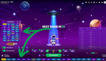 Screenshot do jogo Spaceman com uma seta sinalizando o histórico de partidas.