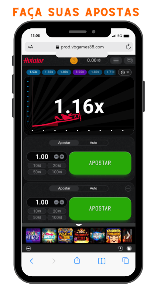 Smartphone mostrando o jogo Aviator com a frase faça suas apostas em cima do celular.