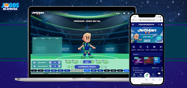 Computador e celular mostrando o jogo Jet Man