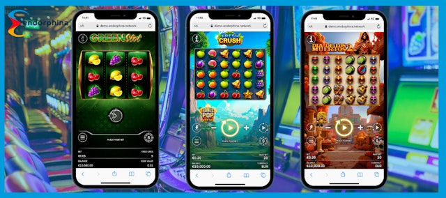 Imagem mostrando os jogos de slots da Endorphina em um fundo azul